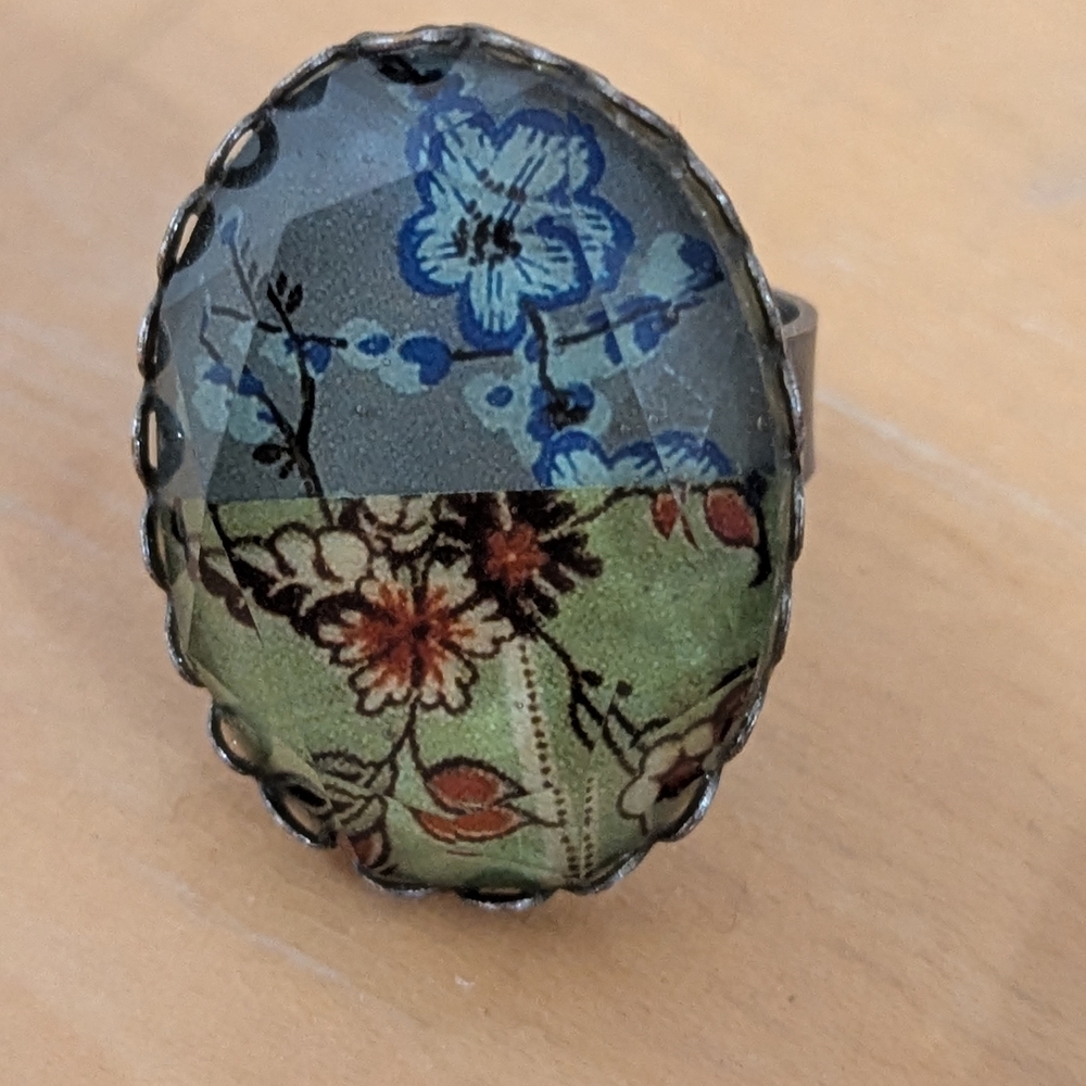 Hand Crafted Floral Oval Glass Dome Statement Ring Blue and Green. Adjustable.